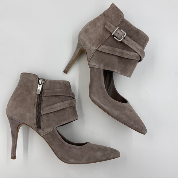 BCBGeneration Suede Zip Ankle Bootie Heels Cut Out Buckle Strap Taupe Warm Grey - Picture 5 of 16